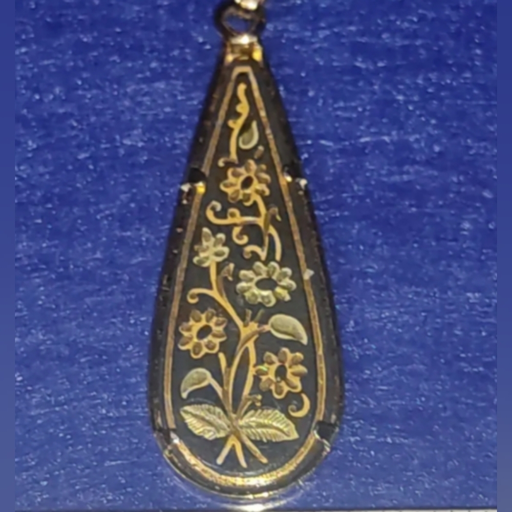 Vintage Damascene Gold Flower Teardrop Pendant by Midas of Spain